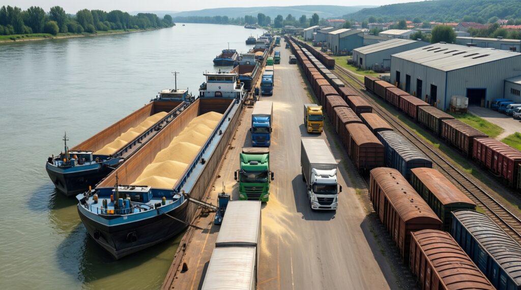 Карта портов Дуная и их специфика для разных типов грузов (зерно, металл, контейнеры) - иллюстрация